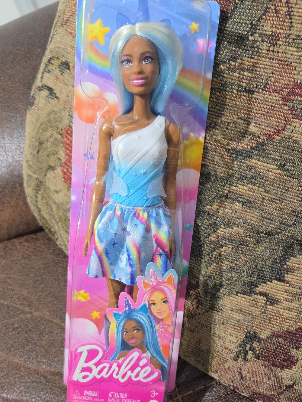 Barbie Rainbow Dress Doll - Blue Hair, White Top New